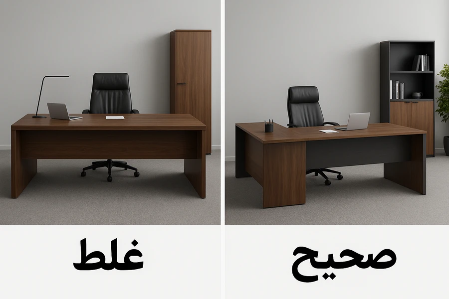 مقایسه میز مدیریتی غلط و صحیح در یک دفتر کار؛ سمت چپ میز بزرگ و نامتناسب، سمت راست میز مدیریتی استاندارد با چیدمان درست