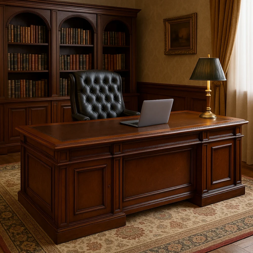 میز مدیریتی کلاسیک بزرگ از چوب طبیعی در دفتر رسمی و لوکس با کتابخانه چوبی، چراغ رومیزی طلایی و صندلی چرمی مشکی