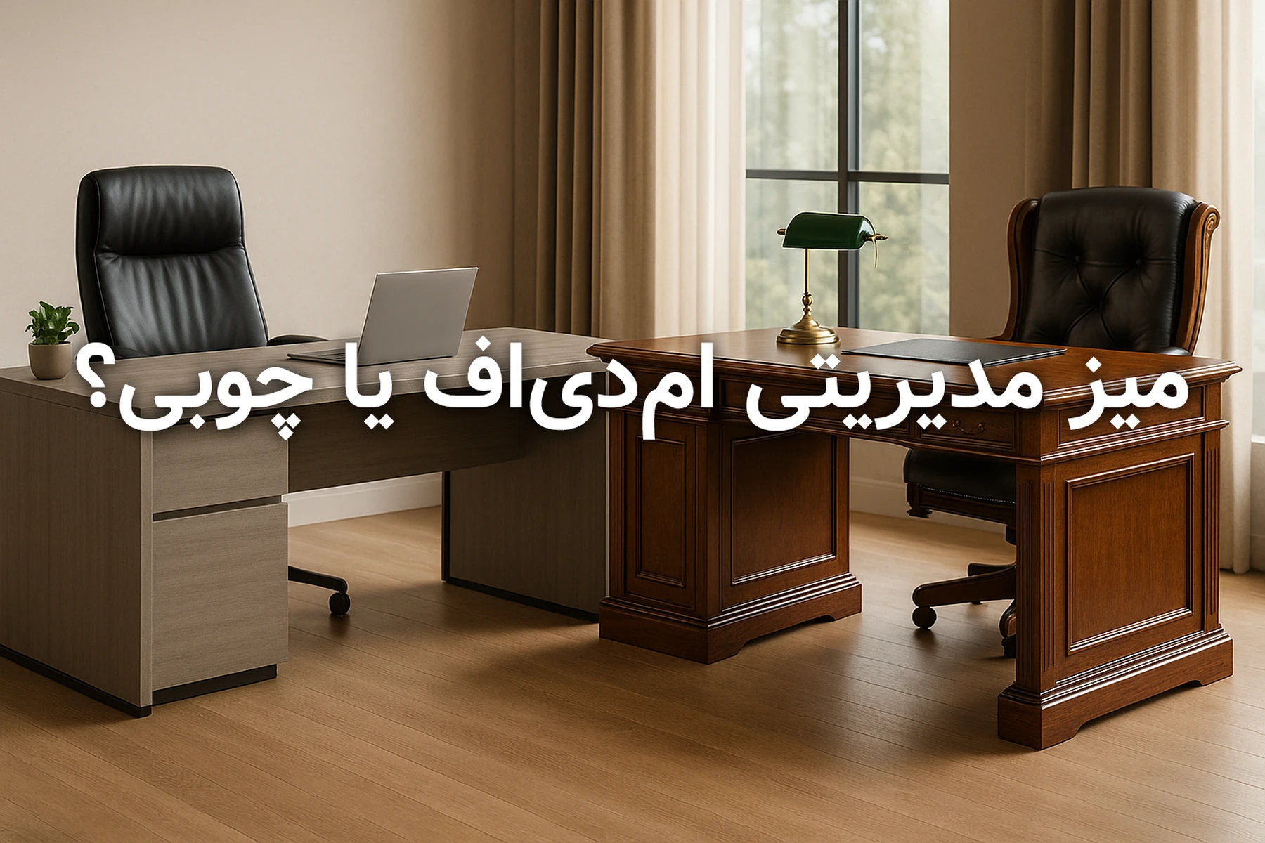 کاور مقاله مقایسه میز مدیریتی MDF و چوبی در دفتر کاری مدرن و کلاسیک