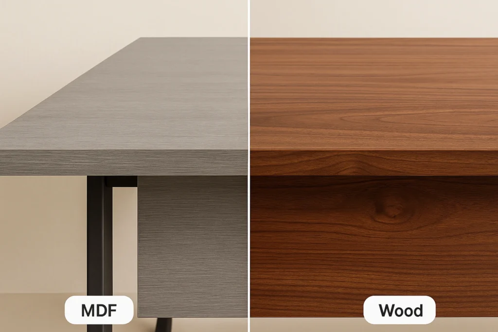 مقایسه بافت سطح میز مدیریتی MDF و چوب طبیعی در نمای نزدیک